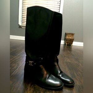 Tory Burch Black leather boots with gold TB emblem